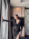 Ladies See Through Deep Neckline Ruffle Side Slit Long Dress